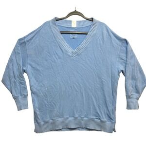 Aerie Sweatshirt Womens Size S Blue Distressed Cotton V-Neck Oversized